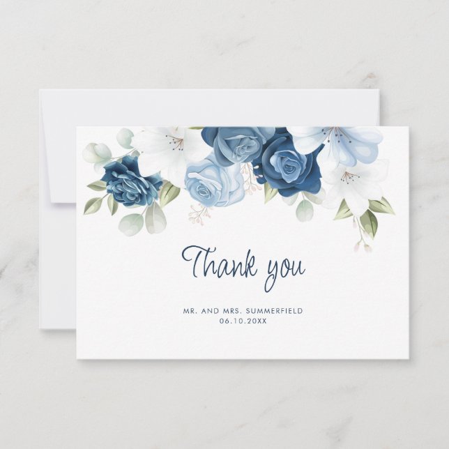 Elegant Dusty Blue Floral Eucalyptus Wedding Dankeskarte (Vorderseite)
