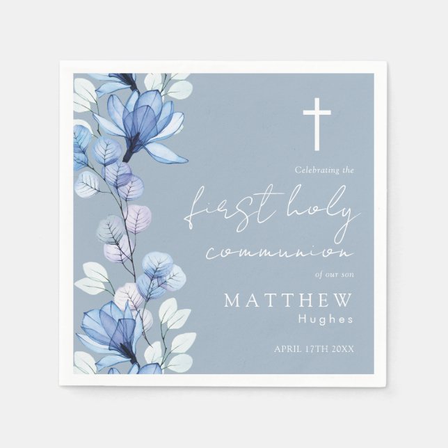 Elegant Dusty Blue Floral First Holy Communion Serviette (Vorderseite)