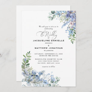Elegant Dusty Blue Floral Foliage Hochzeit Einladung