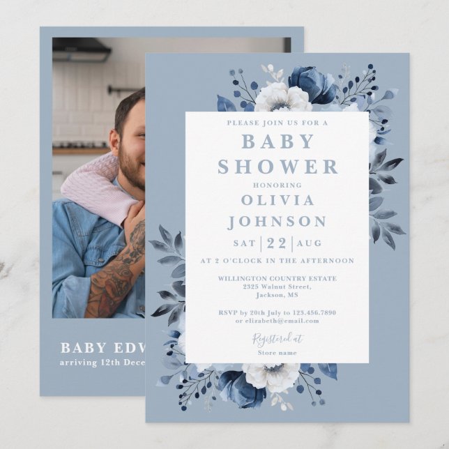 Elegant Dusty Blue Floral Foto QR Baby Shower Einladung (Vorne/Hinten)