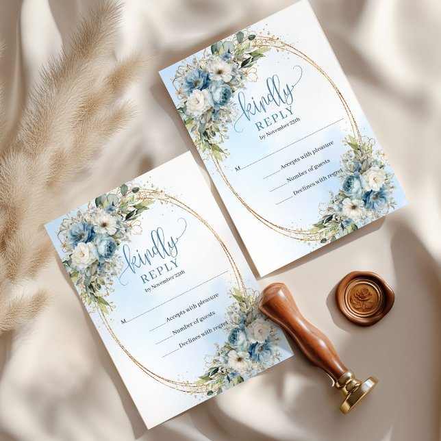 Elegant Dusty Blue Floral Gold Frame Wedding RSVP (Premium Zazzle printing delivers crisp detail, rich dusty blue tones, and elegant gold accents on lu)