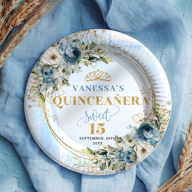 Elegant Dusty Blue Floral Gold Quinceañera Plates Pappteller (Elegant Dusty Blue Floral Gold Quinceañera Plates)