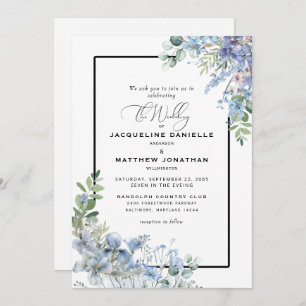 Elegant Dusty Blue Floral Greenerity Wedding Einladung