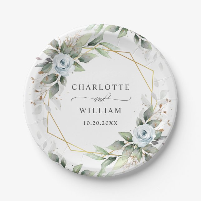 Elegant Dusty Blue Floral Greenerity Wedding Pappteller (Vorderseite)