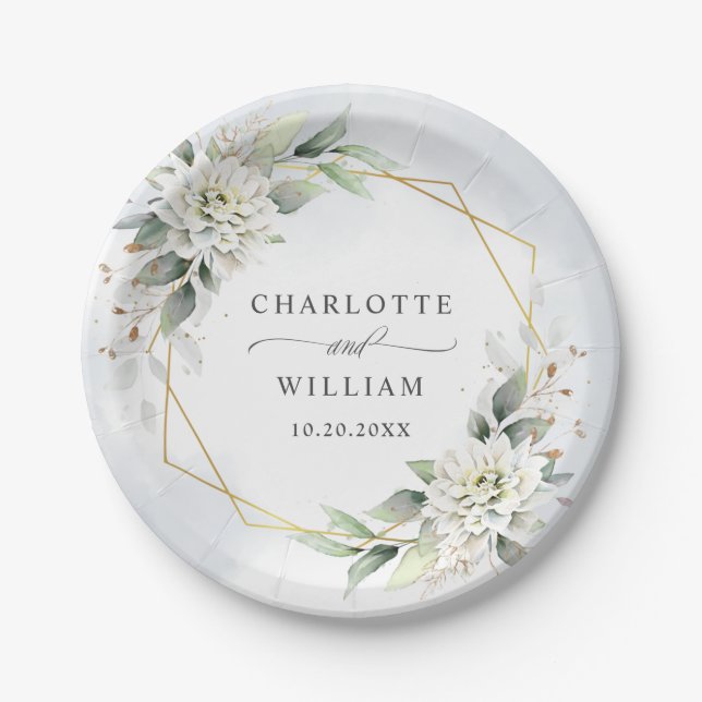 Elegant Dusty Blue Floral Greenerity Wedding Pappteller (Vorderseite)