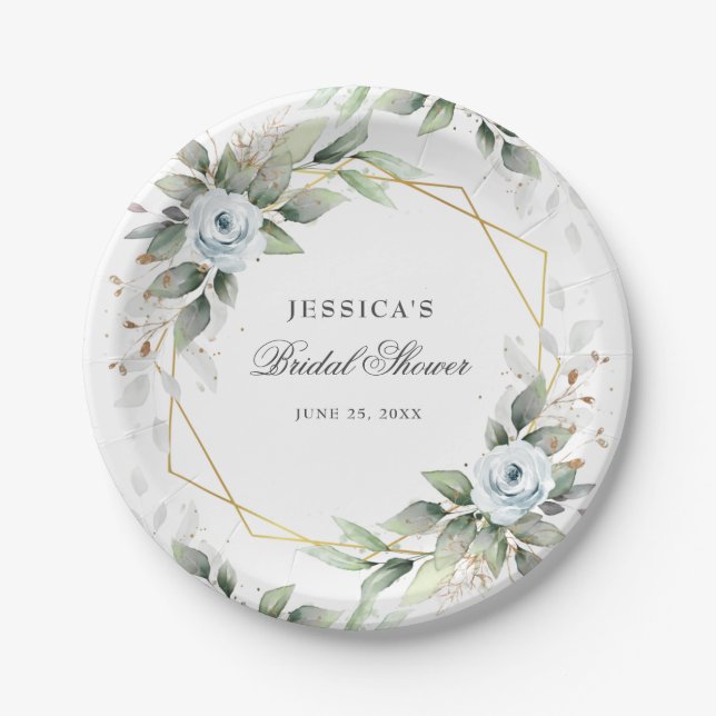 Elegant Dusty Blue Floral Greenery Brautparty Pappteller (Vorderseite)