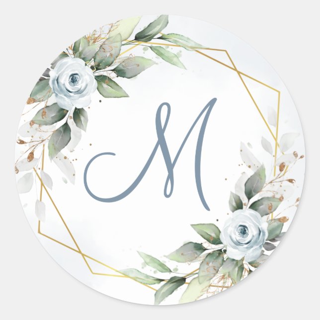 Elegant Dusty Blue Floral Greenery MONOGRAM Runder Aufkleber (Vorderseite)