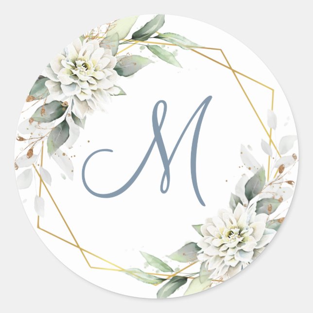 Elegant Dusty Blue Floral Greenery MONOGRAM Runder Aufkleber (Vorderseite)
