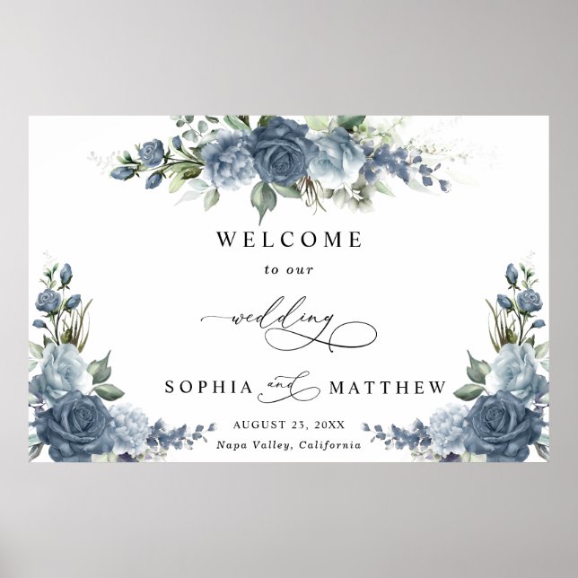 Elegant Dusty Blue Floral Horizontal Wedding Poster (Vorne)