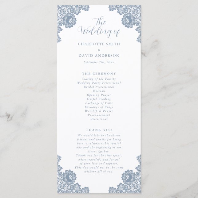 Elegant Dusty Blue Floral Lace Wedding Programm (Vorderseite)