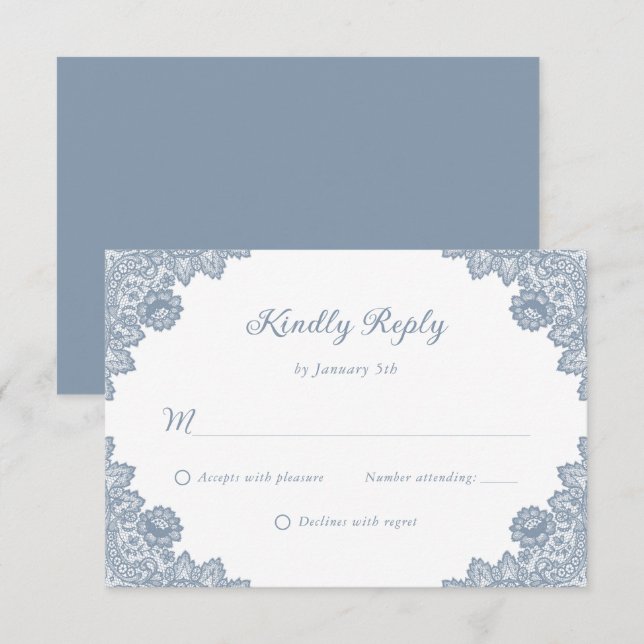 Elegant Dusty Blue Floral Lace Wedding RSVP Karte (Vorne/Hinten)