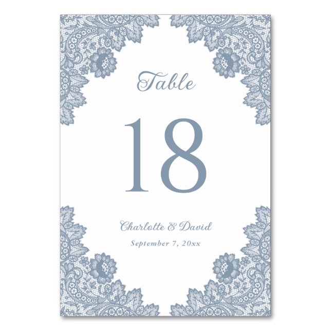 Elegant Dusty Blue Floral Lace Wedding Tischnummer (Vorderseite)
