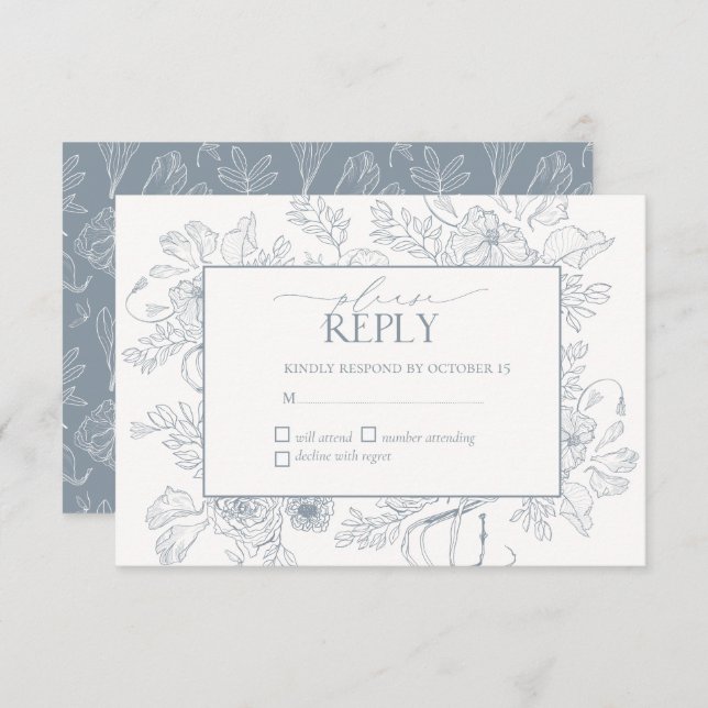 Elegant Dusty Blue Floral Line Art Wedding RSVP Karte (Vorne/Hinten)