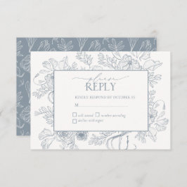 Elegant Dusty Blue Floral Line Art Wedding RSVP Karte