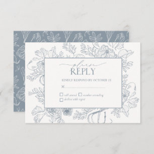 Elegant Dusty Blue Floral Line Art Wedding RSVP Karte