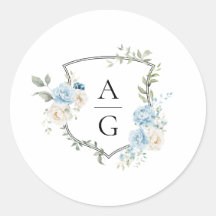 Elegant Dusty Blue Floral Monogram Wappen Wedding