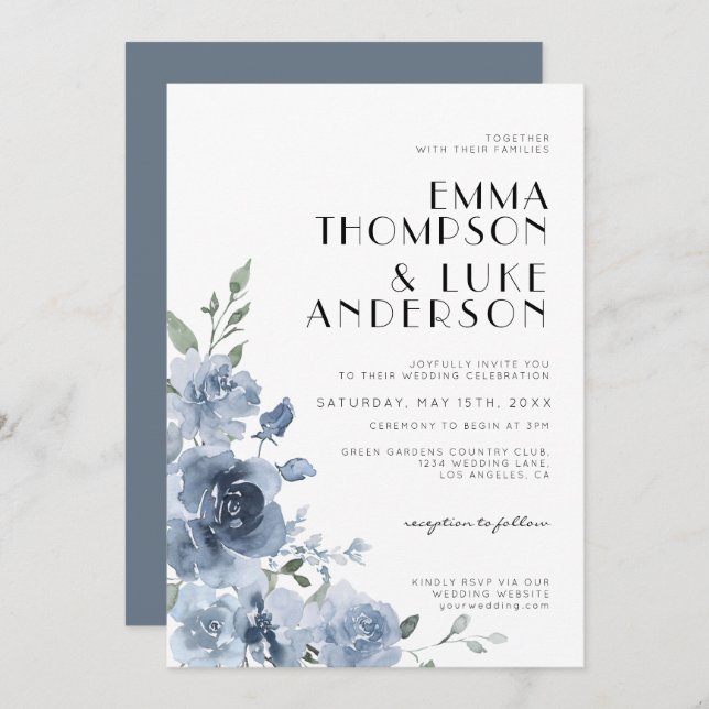 Elegant Dusty Blue Floral Pastel Wedding Einladung (Vorne/Hinten)