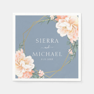 Elegant Dusty Blue Floral Peach Gold Wedding Serviette