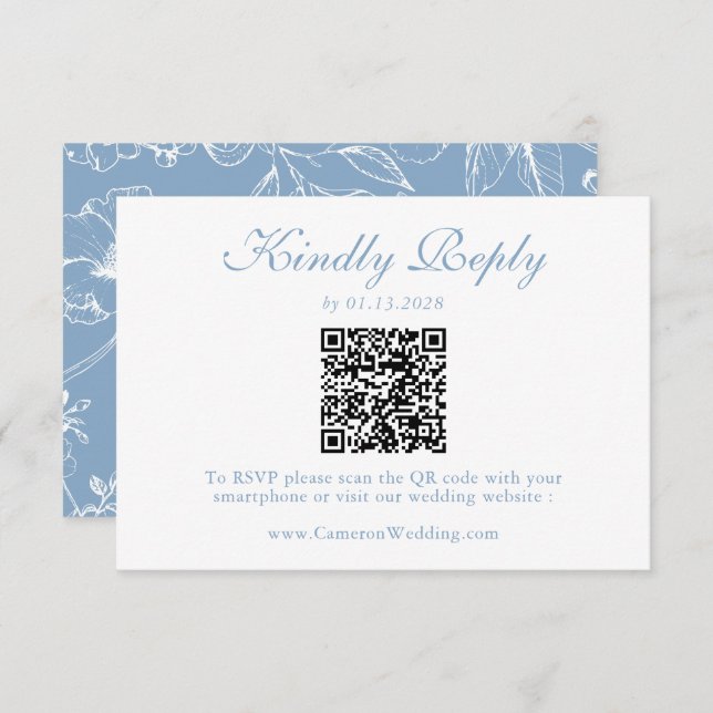 Elegant Dusty Blue Floral QR Code Wedding RSVP  (Vorne/Hinten)