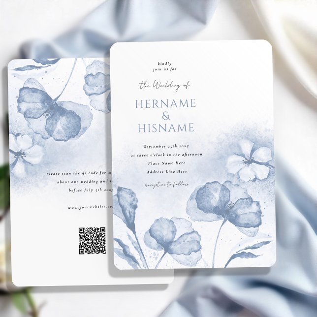 Elegant Dusty Blue Floral QR UAWG Wedding Einladung (Von Creator hochgeladen)