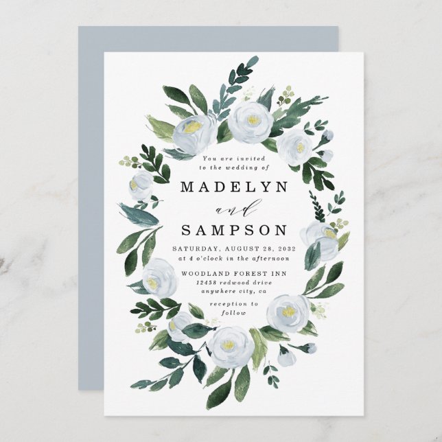 Elegant Dusty Blue Floral Rustic Garden Wedding Einladung (Vorne/Hinten)