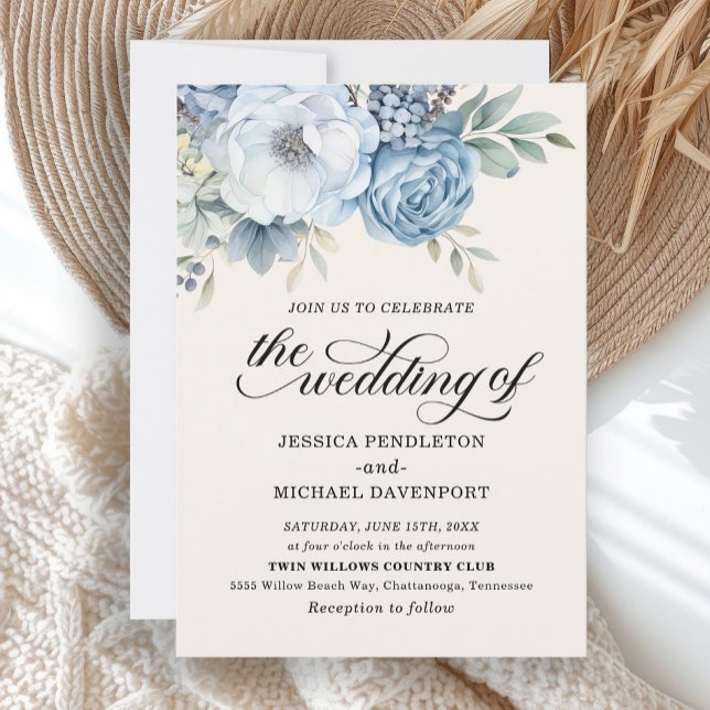 Elegant Dusty Blue Floral Sage Green Blätter Einladung (Elegant dusty blue floral "The wedding of" wedding invitation)