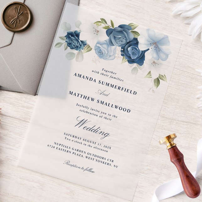 Elegant Dusty Blue Floral Script Wedding (Dusty Blue Floral Elegant Typography Wedding Vellum Invitation)