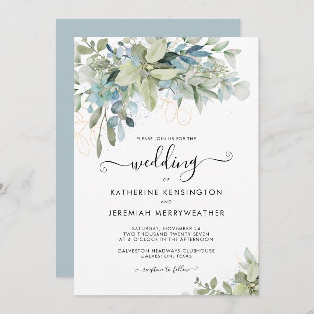 Elegant Dusty Blue Floral Script Wedding Einladung (Vorne/Hinten)