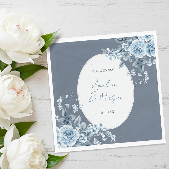 Elegant Dusty Blue Floral Script Wedding  Serviette (Elegant Dusty Blue Floral Script Wedding Napkins)