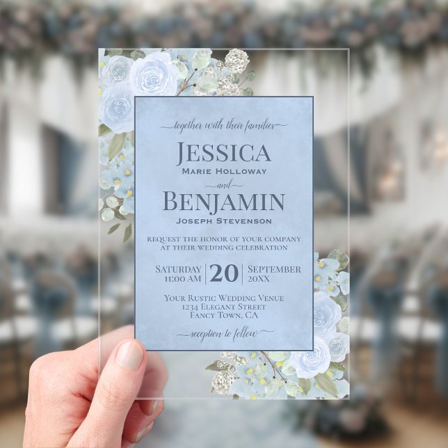 Elegant Dusty Blue Floral Stylish Text Wedding Acryleinladungen (Clear Acrylic with Rectangle Cut)