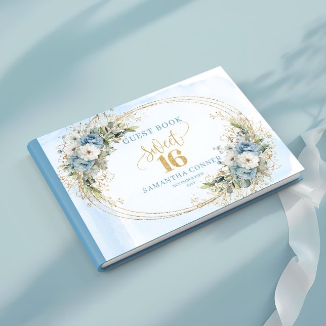 Elegant Dusty Blue Floral Sweet Sixteen Guest Book Gästebuch (dusty blue flowers sweet sixteen,
eucalyptus greenery foliage guestbook,
wreath 16th birthday guest )