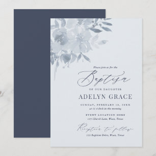 Elegant Dusty Blue Floral Taufe Einladung