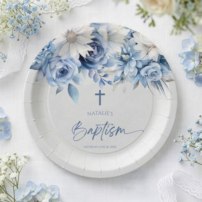Elegant Dusty Blue Floral Taufe Pappteller (Von Creator hochgeladen)