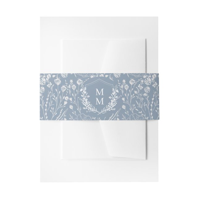Elegant Dusty Blue Floral Wappen Monogram Wedding Einladungsbanderole (Vorderseite Beispiel)