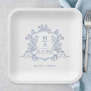 Elegant Dusty Blue Floral Wappen Monogram Wedding Pappteller
