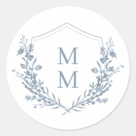 Elegant Dusty Blue Floral Wappen Monogram Wedding Runder Aufkleber