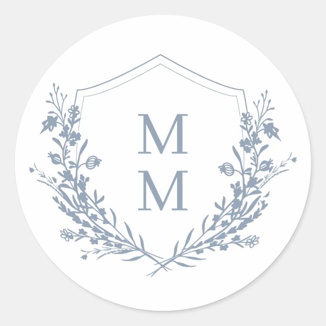 Elegant Dusty Blue Floral Wappen Monogram Wedding Runder Aufkleber (Vorderseite)