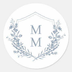 Elegant Dusty Blue Floral Wappen Monogram Wedding Runder Aufkleber