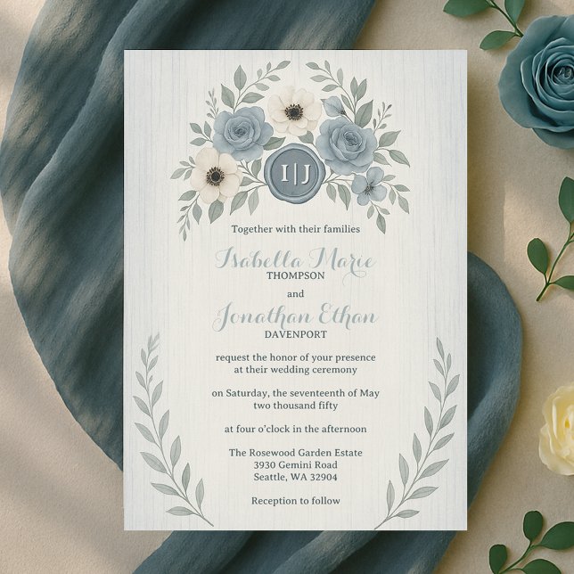 Elegant Dusty Blue Floral Wax Seal Wedding Einladung (Elegant Dusty Blue Floral Wax Seal Wedding Invitation
)