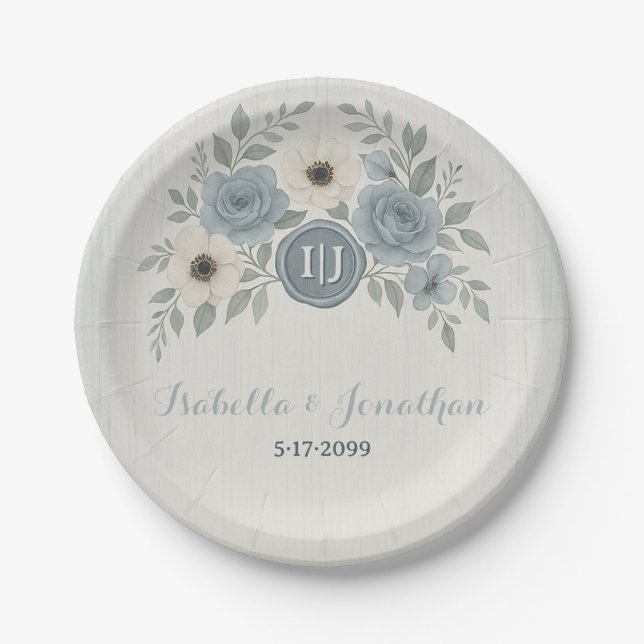 Elegant Dusty Blue Floral Wax Seal Wedding Pappteller (Vorderseite)