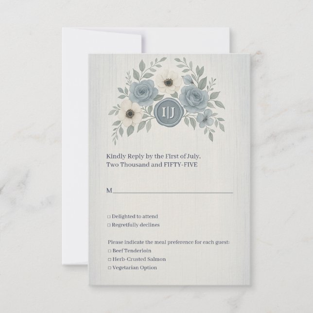 Elegant Dusty Blue Floral Wax Seal Wedding RSVP Karte (Vorderseite)