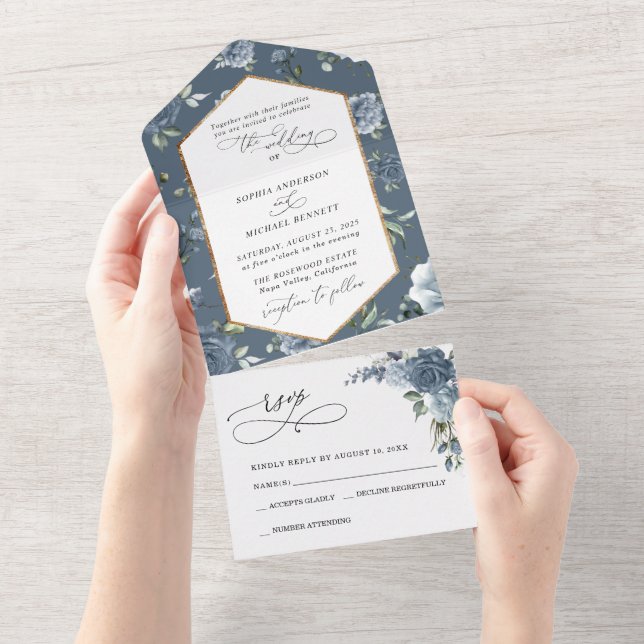 Elegant Dusty Blue Floral Wedding  All In One Einladung (Abreißen)