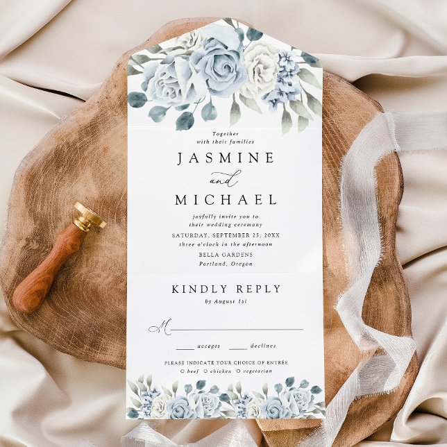 Elegant Dusty Blue Floral Wedding All In One Einladung (Von Creator hochgeladen)