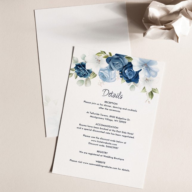 Elegant Dusty Blue Floral Wedding Details Begleitkarte (Dusty Blue Floral Script Wedding Details Card)