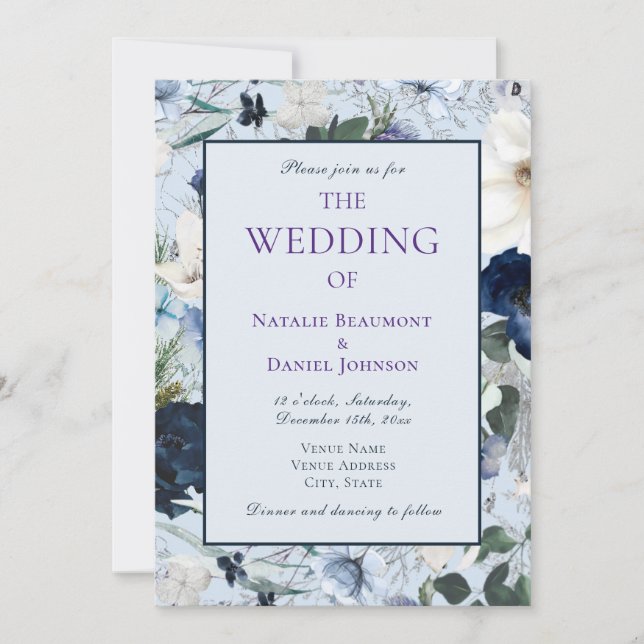 Elegant Dusty Blue Floral Wedding Einladung (Vorderseite)