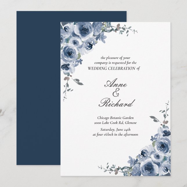 Elegant Dusty Blue Floral Wedding Einladung (Vorne/Hinten)