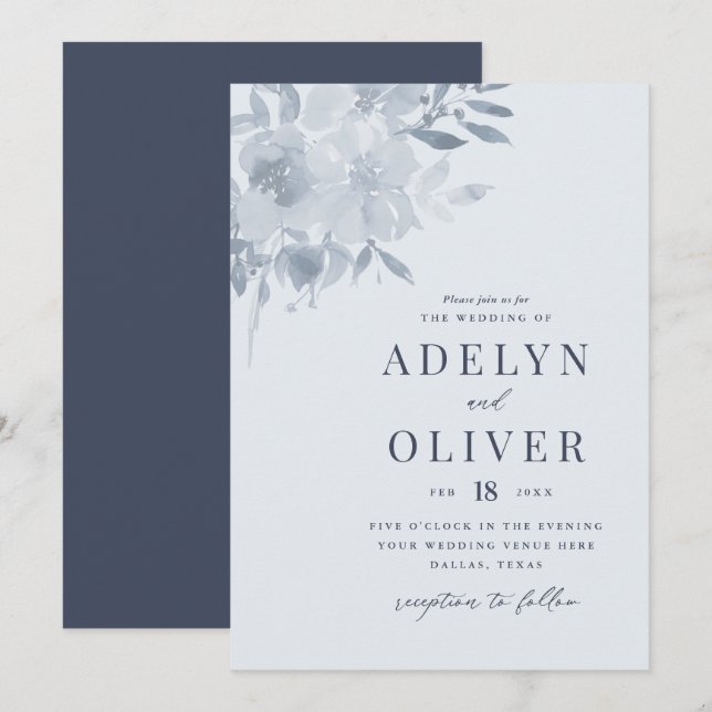 Elegant Dusty Blue Floral Wedding Einladung (Vorne/Hinten)
