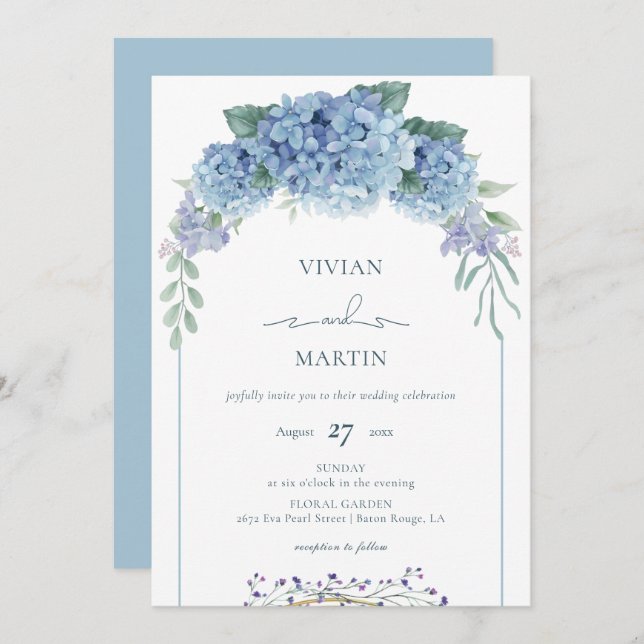 Elegant Dusty Blue Floral Wedding Einladung (Vorne/Hinten)