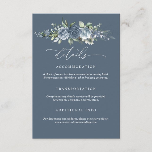 Elegant Dusty Blue Floral Wedding Enclosure Card Begleitkarte (Vorderseite)