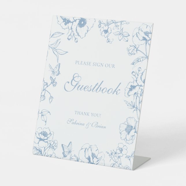 Elegant Dusty Blue Floral Wedding Guestbook Sockelschild (Vorderseite)